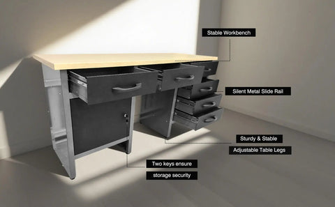 Ultimate Garage Storage System With Wall Cabinets, Steel Pegboard And Wood Workbench, Tools Organizer For Busy Workshops