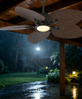 Daklpiw 52" Retro Fan Lamp Tropical Ceiling Fan with Light and Remote installed outdoors during rain with illuminated light.