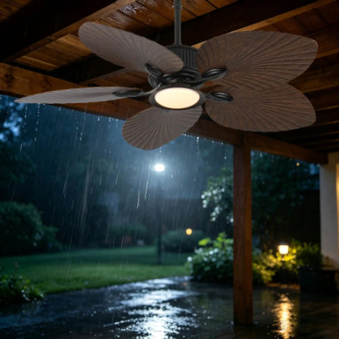 Daklpiw 52" Retro Fan Lamp Tropical Ceiling Fan with Light and Remote installed outdoors during rain with illuminated light.
