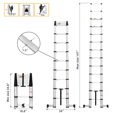 Twelve Point Five Foot One Button Retraction Telescoping Ladder Aluminum Lightweight Extension Ladder with dimensions and close-up