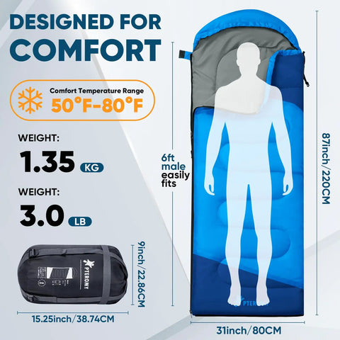 Lightweight Adult Sleeping Bag For Camping And Backpacking, Water Resistant And Machine Washable, Three Season Comfort From 50 To 80 F, Perfect For Spring Summer And Fall Trips, Long 7 Foot Length For Tall Hikers, Totally Cozy Blue showing size and weight details.