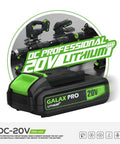 GALAX PRO 20V cordless lithium battery pack, 2000 mAh, front view with green accents.