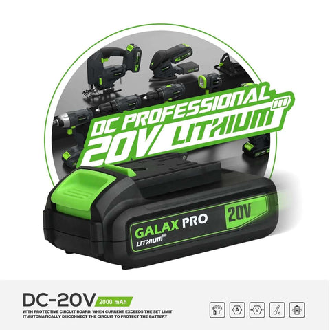 GALAX PRO 20V cordless lithium battery pack, 2000 mAh, front view with green accents.