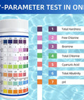 7 In 1 Pool Test Strips 150 Count Hot Tub And Spa Water Tester Delivering Lab Accurate Results with a color-coded test chart.