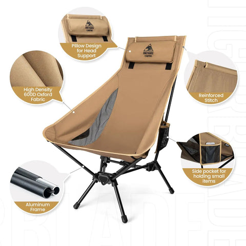 Tigerblade High Back Camping Chair With Pillow Design Ultra Comfy Widened Seat, aluminum frame, 600D polyester, outdoor use.