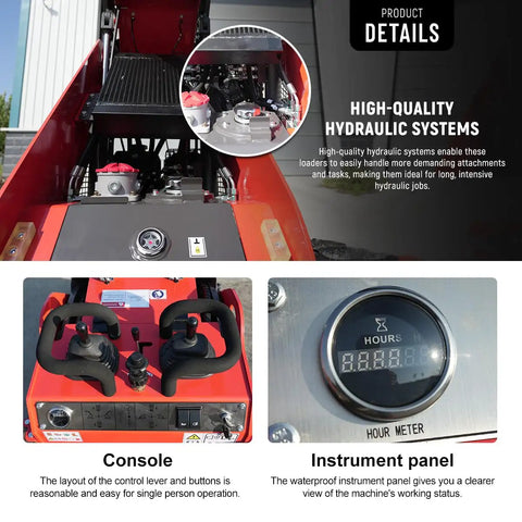 Details of compact stand on skid steer loader with hydraulic systems, control console, and hour meter display.