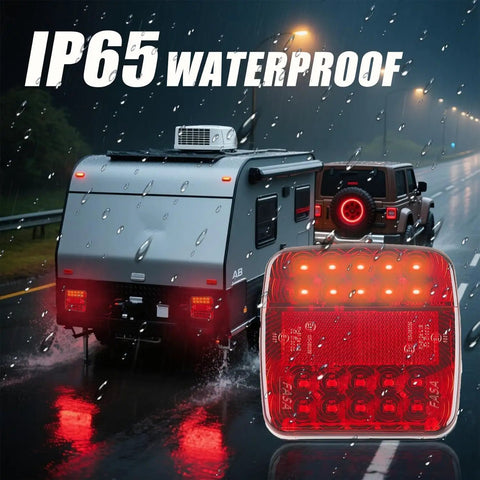 Magnetic Wireless Trailer Lights Kit with Rechargeable Battery, showing IP65 waterproof LED tow lights in rain for RV.