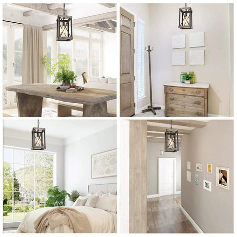 Farmhouse Pendant Light With Rustic Wood Cage And Matte Black Iron Frame Delivers A Dope Industrial Rectangular Chandelier Vibe For Kitchen Island Entryway Foyer Living Room And Dining Area Brown Finish hanging in various rooms