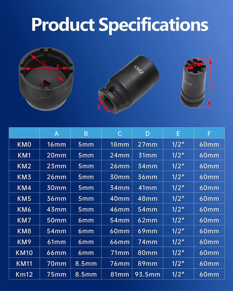 13 Piece Grooved Lock Nut Socket Set With Internal Teeth For Spindle Nuts And Axle Locknuts Half Inch Drive specifications