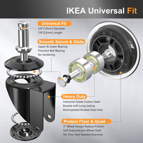 IKEA Universal Fit replacement office chair caster wheel showing 3/8" stem, heavy-duty carbon steel bracket, and smooth glide design.