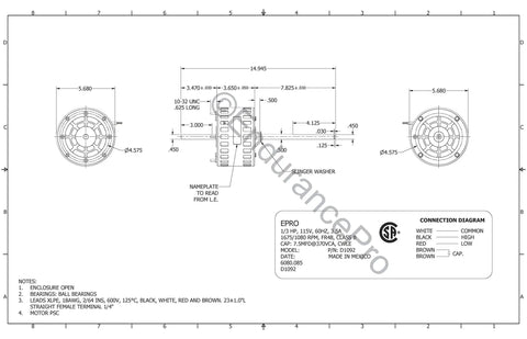Technical diagram of the D1092 RV Air Conditioning Fan Motor Replacement One Third HP 115V 1675 RPM Two Speed, dimensions and specs included.