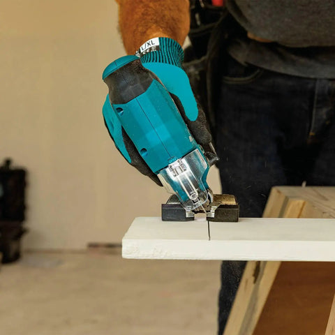 Person using 18V LXT Brushless Cordless Barrel Grip Jig Saw Tool Only With Variable Speed 800 To 3,000 SPM For Precise Cuts on wood