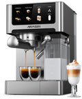 Front view of 20 Bar Espresso Machine With Automatic Milk Frother For Cappuccino And Latte, Dual Boiler Coffee Maker, Stainless Steel.