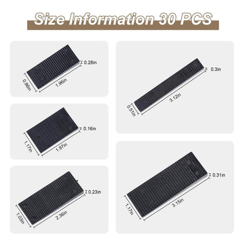 Dimensions of 30 Pack Black Plastic Furniture Shims Set For Leveling In 5 Sizes; heavy-duty wedges shown in various lengths.