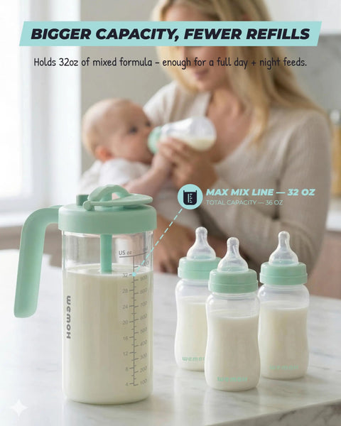 The Go To Rock Solid Borosilicate Glass Breast Milk Pitcher With 32 Oz and upgraded BPA free mixing spoon for storing prepared formula.