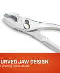 Curved Jaw Slip Joint Pliers With Hardened Teeth, Flat Jaw Tips, And Pro Wire Cutter, designed for gripping round objects.