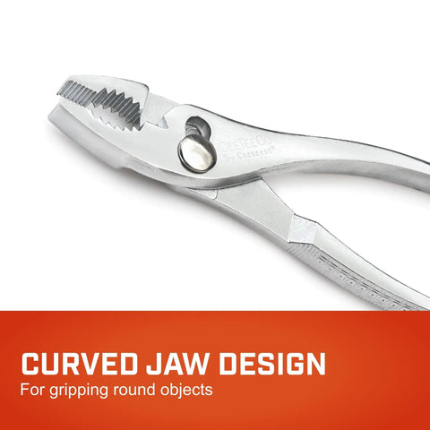 Curved Jaw Slip Joint Pliers With Hardened Teeth, Flat Jaw Tips, And Pro Wire Cutter, designed for gripping round objects.