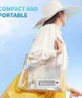 Woman carrying 50KHz Ultrasonic Jewelry Cleaner Pro Machine With Three Timer Modes in a clear handbag outdoors