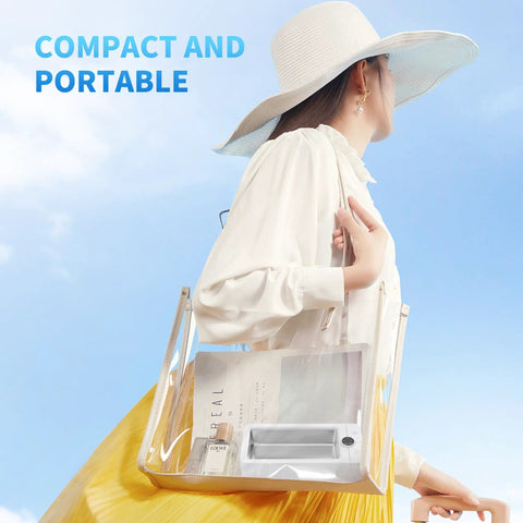 Woman carrying 50KHz Ultrasonic Jewelry Cleaner Pro Machine With Three Timer Modes in a clear handbag outdoors
