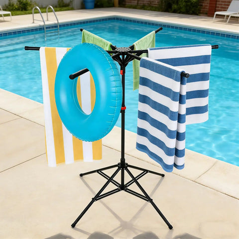 Outdoor Pool Towel Rack, Freestanding 42 to 71 Inch Adjustable Stand With Four Legs and Six Foldable Arms by poolside