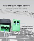 Heavy Duty No Sweat Solderless Quarter Inch Mono Audio Jacks Four Pack For Guitar Amplifier Wires featuring green connectors and wire terminals.