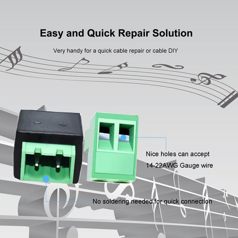 Heavy Duty No Sweat Solderless Quarter Inch Mono Audio Jacks Four Pack For Guitar Amplifier Wires featuring green connectors and wire terminals.