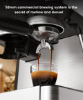 Close-up of espresso pouring from spout of 15 Bar Espresso Machine With Built In Anti Clog Grinder And Stainless Steel Coffee Maker