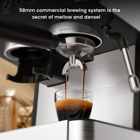 Close-up of espresso pouring from spout of 15 Bar Espresso Machine With Built In Anti Clog Grinder And Stainless Steel Coffee Maker