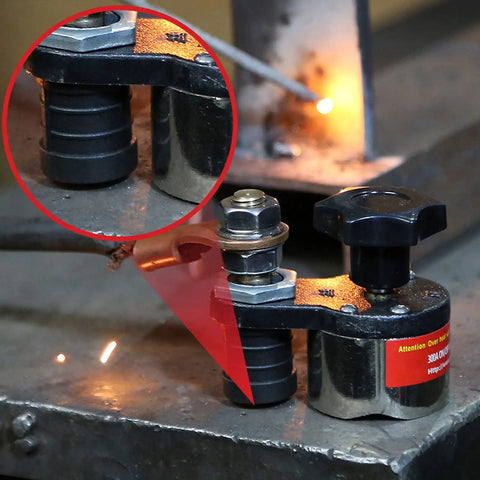Top Tier Magnetic Welding Ground Clamp With Heavy Duty Double Layer Insulation And Secure On Off Switch For Stable Conduction In All Electronic Welding Tools Projects close-up of insulated handle and secure switch.
