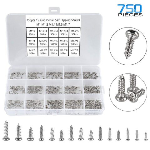 Silver Tiny Electronics Screws Kit 750 Pcs Set With M1 To M1.7 Phillips Pan Head Self Tapping Screws Assortment