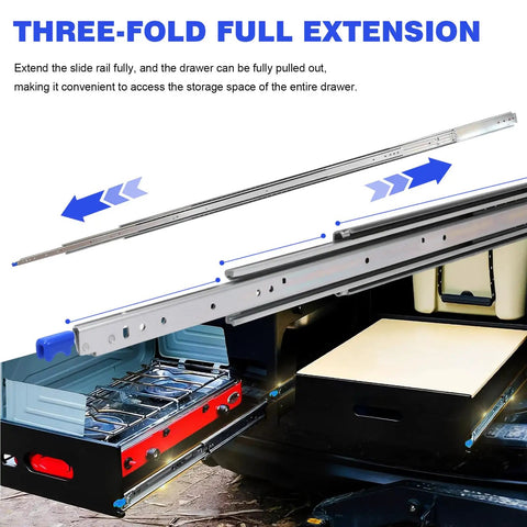 Beefy Heavy Duty Drawer Slides With Rust Proof Side Mount, showing three-fold full extension in an RV cabin setup.