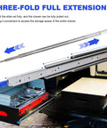 Beefy Heavy Duty Drawer Slides With Lock Full Extension For Tool Chests And Cabinets Side Mount Steel Rails Hold Up To 300 Lb Load Rust Resistant Electroplated Finish Secure Locking Latch Keeps Drawers Closed Or Open, three-fold full extension