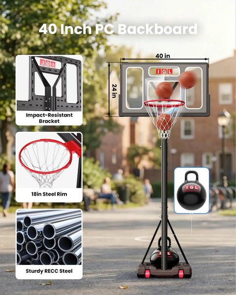 Portable Outdoor Basketball Hoop With 3-10Ft Adjustable Height, 40 Inch Shatterproof Backboard, Fillable Base in a driveway.