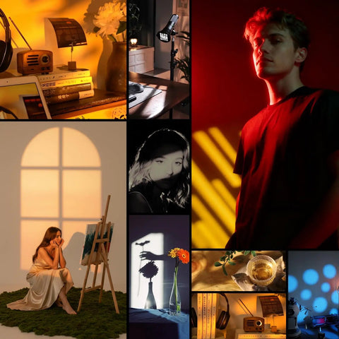 Collage using RGB Photography Light On The Go 10W Portable Fill Light With 8400mAh Battery 4 Color Modes CRI96 Plus 20 Aluminum Gobos