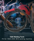 180A MIG Welding Torch Gun 15AK with ergonomic handle, heat-resistant cable in a workshop scene.