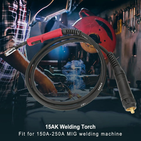 180A MIG Welding Torch Gun 15AK with ergonomic handle, heat-resistant cable in a workshop scene.