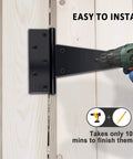 4 Pack 8 Inch T Strap Shed Door Hinges Heavy Duty installed on wooden fence with drill, black powder coated rust resistant exterior hardware