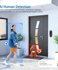 1080P Wireless Video Doorbell Cam With AI Human Detection by front door, woman walking dog with alert notification displayed