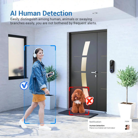 1080P Wireless Video Doorbell Cam With AI Human Detection by front door, woman walking dog with alert notification displayed