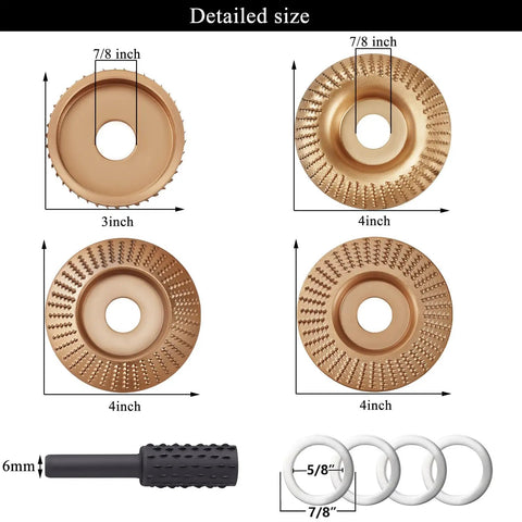 Heavy Duty Wood Carving Disc Set with Pro Grade Five Rotary Burrs for Four to Four and a Half Inch Angle Grinders with Seven Eighths Inch Arbor