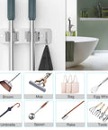 Heavy Duty Wall Mount Mop And Broom Holder 2 Pack With 2 In 1 No Drill And Screw Installation Stainless Steel Organizer Rack With Hooks Rustproof SUS304 Silver holding cleaning tools
