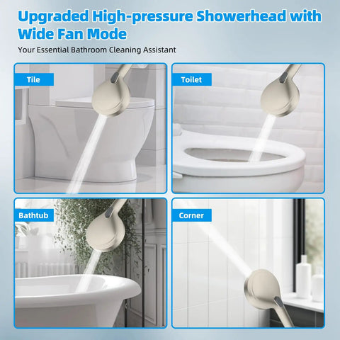 12 Inch All Metal Shower Head System With CUPC Certified High Pressure Rainfall spraying on tile, toilet, bathtub, corner in bathroom