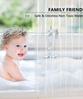Child in bath with Clear Extra Long Shower Curtain Liner 72 By 96 Inches Lightweight EVA 4G Plastic Bath Liner visible