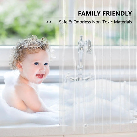 Child in bath with Clear Extra Long Shower Curtain Liner 72 By 96 Inches Lightweight EVA 4G Plastic Bath Liner visible
