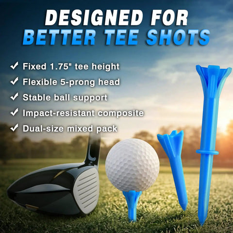 Golf driver and ball on blue 150 Pack Golf Tees Mixed Sizes Three And A Quarter Inch And One And A Half Inch Five Prong Head Ultra Stable Low Resistance For Longer Drives Plastic Tees Blue in grass.