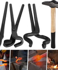 Heavy Duty Beefy Blacksmith Tools Set For Knife Making With V Bit Blade Tongs Set And Forge Hammer Four Piece Vise Tools And Anvil Hammer For Bladesmiths And Metalworking, featuring tongs and hammer in action