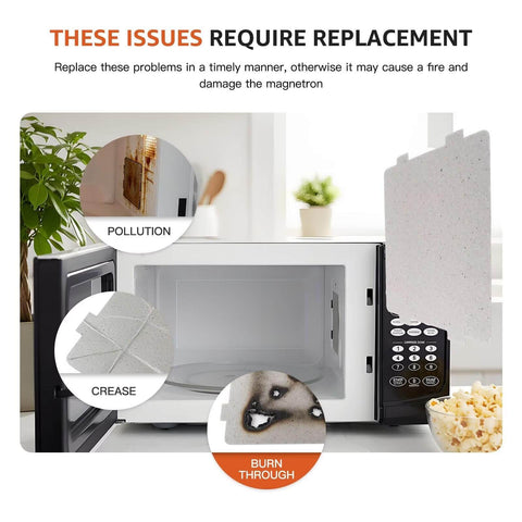 Microwave showing reasons for replacement: pollution, crease, and burn through, with mica sheet on the door.