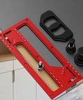 Zero Mess Cabinet Door Flush Mount Template Aluminum Alloy Slotting Guide Set Includes Semi Circular Router Bit For Dead Nuts Accurate Woodworking Projects, red template with black components.