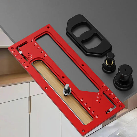 Zero Mess Cabinet Door Flush Mount Template Aluminum Alloy Slotting Guide Set Includes Semi Circular Router Bit For Dead Nuts Accurate Woodworking Projects, red template with black components.