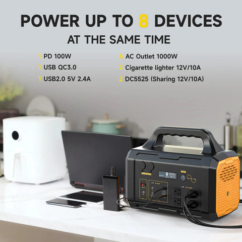 Backyard Boss 1000W Portable Power Station 1024Wh Solar Generator with AC USB C ports powering devices on table.